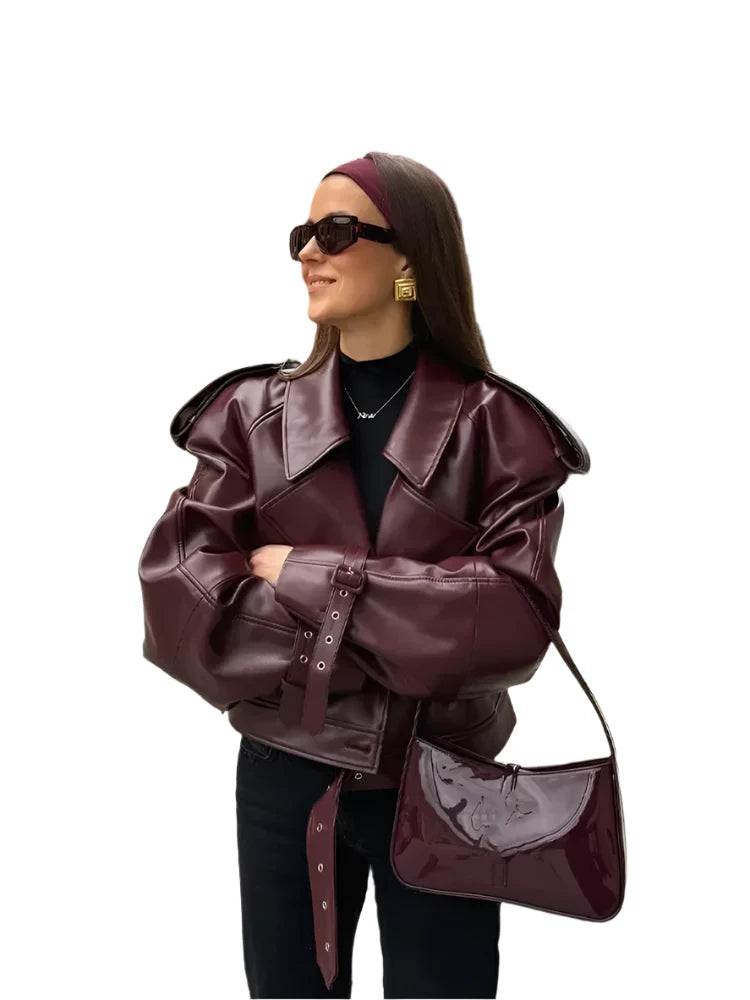 Women's Cherry Red Leather Jacket – Slim Fit, Cropped Lapel Coat, Long-Sleeve Fashion Outerwear for Street Party Style 2024