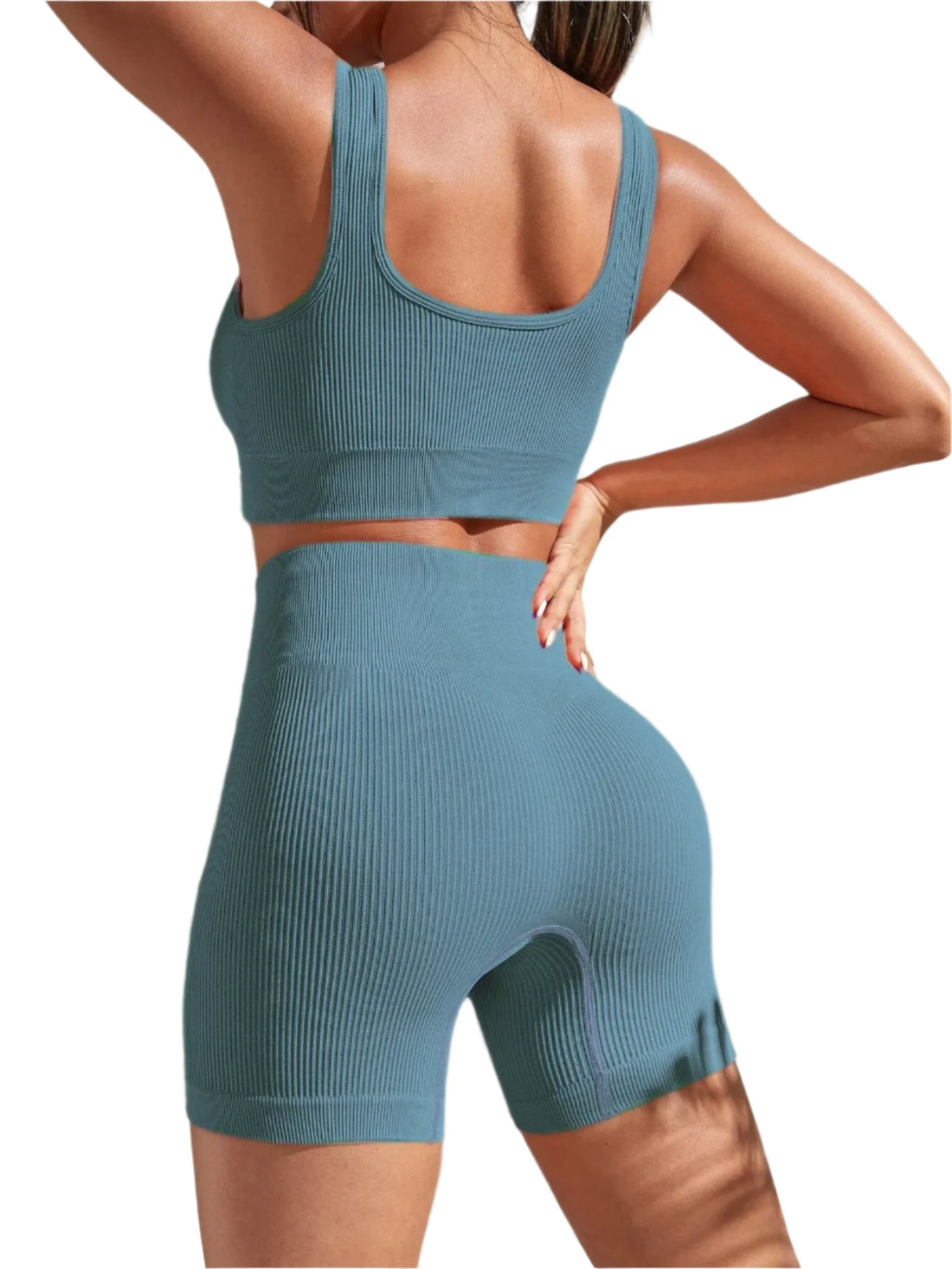 Seamless Ribbed Yoga Set for Women – 2-Piece Workout Outfit with High-Waist Shorts & Crop Tank for Gym, Fitness, Running