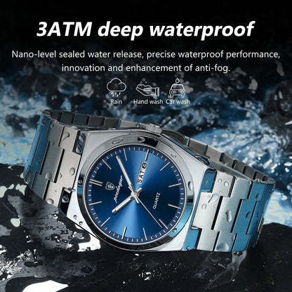 POEDAGAR Luxury Watch for Men - Waterproof, Luminous, Date and Week Display, Stainless Steel, Casual Quartz Men's Watch with Box