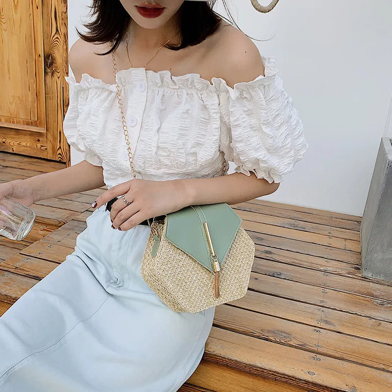 Hex-Shape Multi-Style Straw and Leather Handbag - Women's Summer Rattan Bag, Handmade Woven Beach Circle Bohemian Shoulder Bag, New Fashion