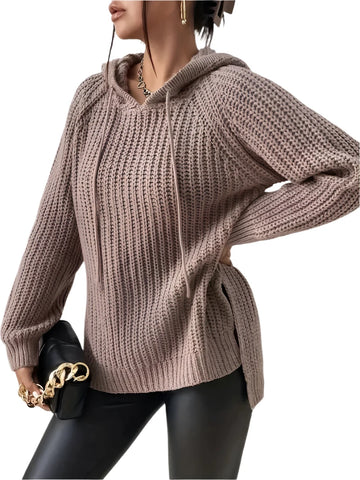 Women's Hooded Sweater with Raglan Sleeves - Split Hem Drawstring Pullover Sweater for Casual Wear