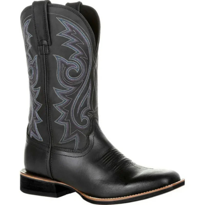 Men's Mid-Calf Western Cowboy Boots - Handmade Leather in Black & Brown, Punk Style Riding Shoes