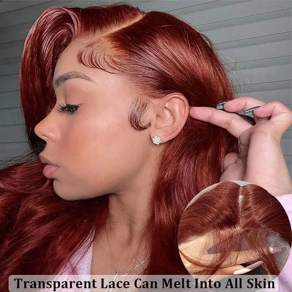 Reddish Brown Body Wave Lace Frontal Human Hair Wig with 13x4 HD Lace Frontal and Glueless 13x6 Lace Frontal. Pre-Plucked for a natural look and feel.
