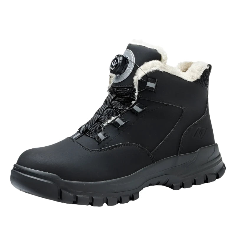 Men's Waterproof Black Leather Safety Boots - Winter Anti-Puncture Work Shoes with Rotating Buttons and Protective Features