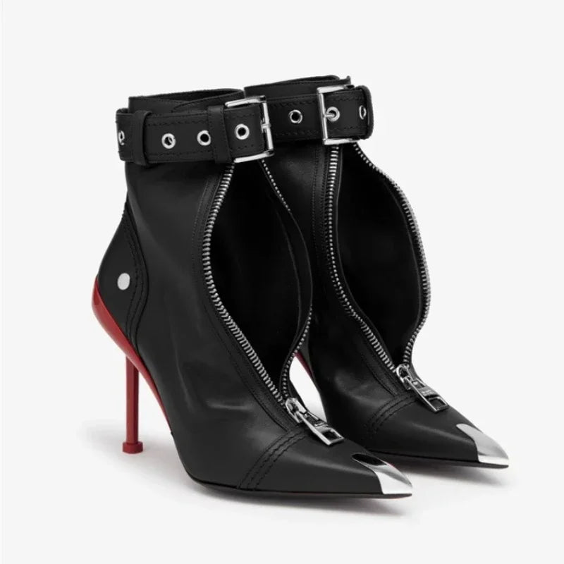 Red Pointed Toe Ankle Boots for Women - Belt Buckle, Front Zipper, Metal Decoration, High Heel Fashion Booties for Autumn/Winter