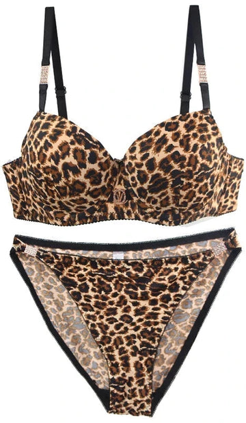 2024 Sexy Leopard Print Push-Up Bra & Panty Set – Seamless Lingerie for Women with Elastic Waistband