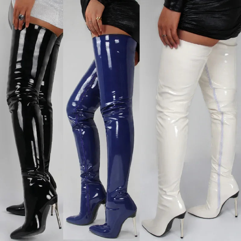 2025 New Ladies Patent Leather Over-the-Knee Stiletto Boots - Sexy High Heel Women's Large Size Botas Mujer