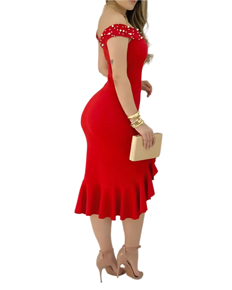 Women’s Red Off-Shoulder Ruffle Bodycon Dress – Elegant Knee-Length Party Dress with Split and Pearls