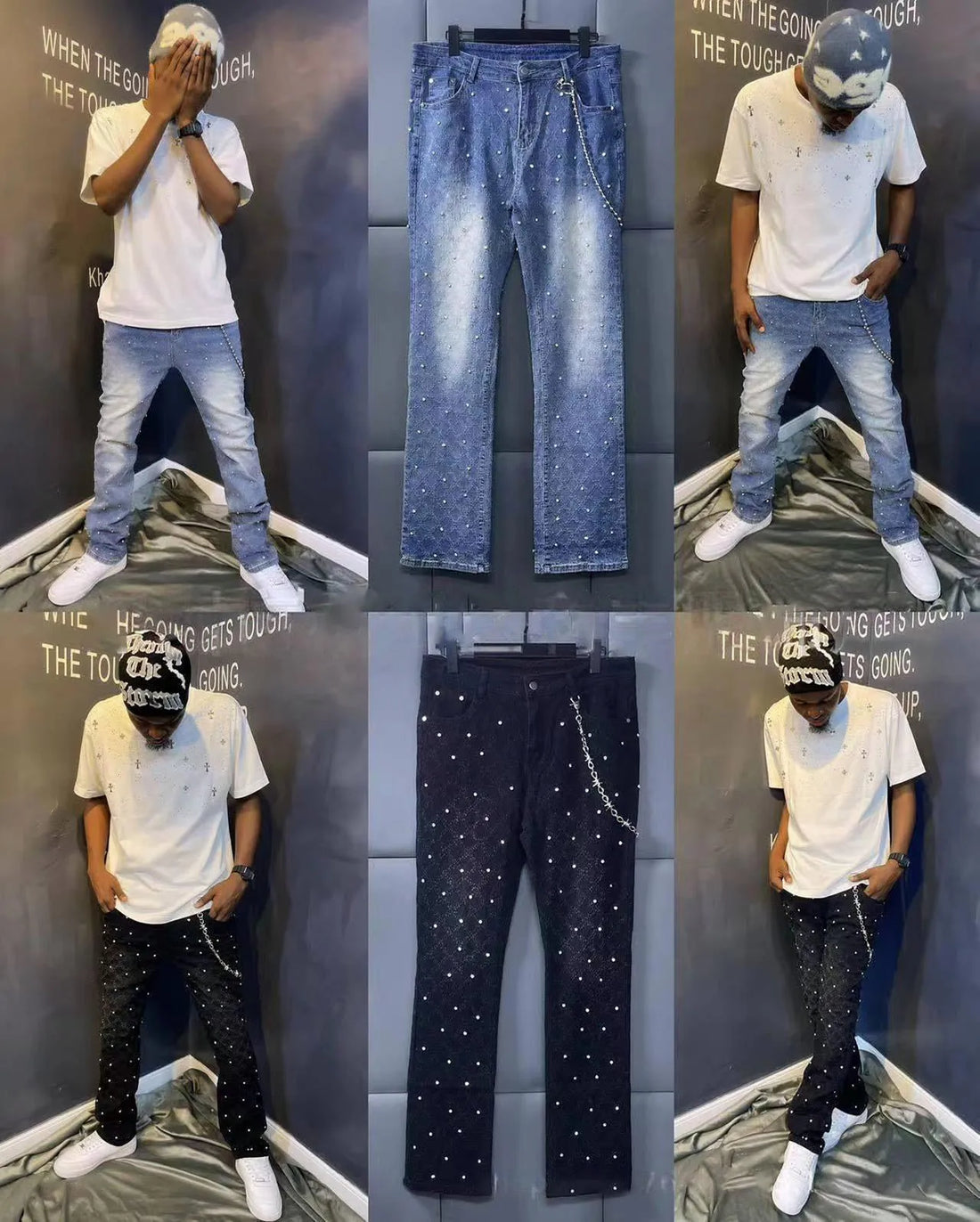 Men’s Blue Stretch Skinny Jeans – 2025 Fashion, Rhinestone Stacked Denim with Pearl Detail