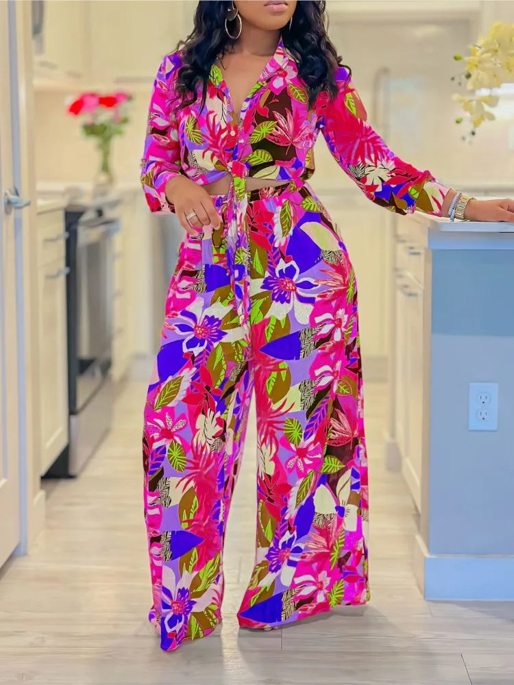 2024 Spring Summer Women's Fashion Lapel Shirt & Wide Leg Trousers Set - Long-Sleeved Printed Two-Piece Suit