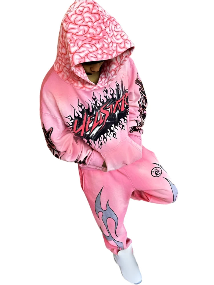 Men's & Women's 2-Piece Flame Print Hoodie and Drawstring Sports Pants Set – Trendy American-Style Hip-Hop Streetwear Suit