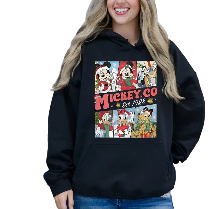 Women's Christmas Hoodie - Disney Mickey Mouse & Donald Duck Print, Loose-Fit Black Sweater, Casual Sportswear Top for Adults