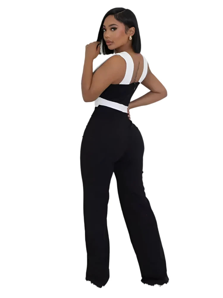 Black White Patchwork Wide legs Jumpsuit Women Sleeveless Cut Out Loose Rompers Elegant Evening Party One Pieces Outfits