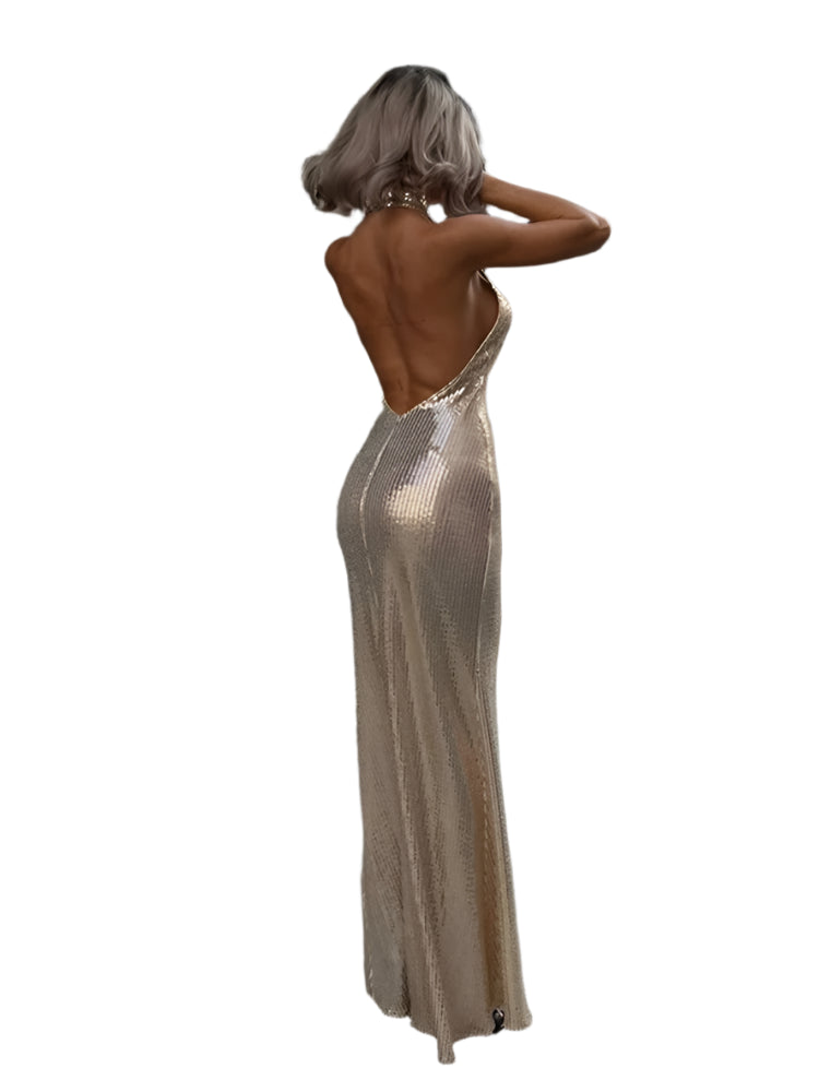 Sexy Sequin Halter Party Dress for Women – Shiny Backless Sleeveless Long Summer Evening Dress