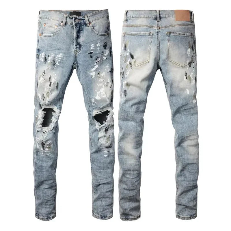 High Street Style Men’s Jeans – Vintage Blue Skinny Fit, Low Rise Distressed Denim Pants
