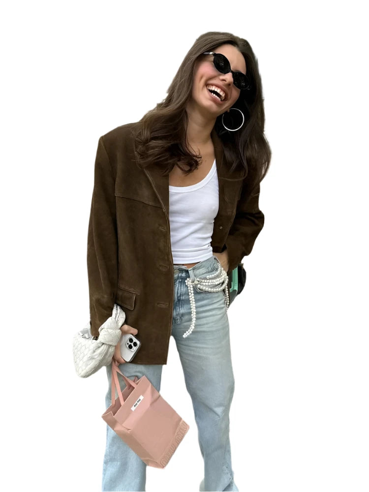 Elegant Brown Suede Jacket for Women – Lapel Collar, Long Sleeve, Single-Breasted with Pockets, Office-Ready Autumn Coat