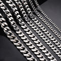 1 piece Size 3.6mm-9mm Men's Necklace: Stainless Steel Cuban Link Chain Bracelet Necklace, Steel Color Male Jewelry.