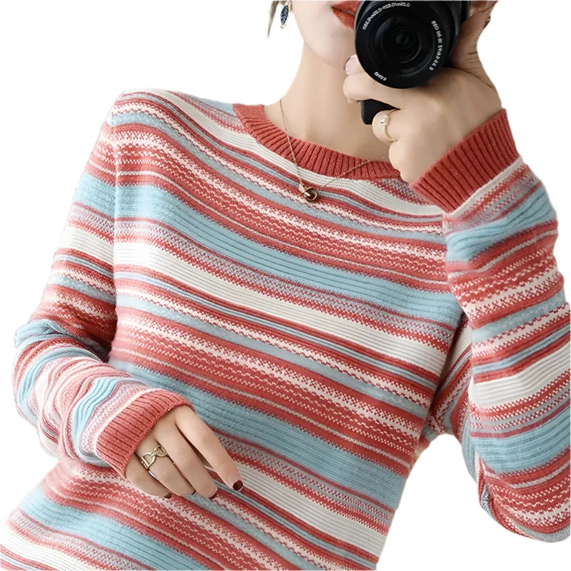 Women's Rainbow Stripe Knit Sweater - Loose Fit Round Neck Pullover, Korean Style Knitwear, Autumn Winter Large Size 4XL