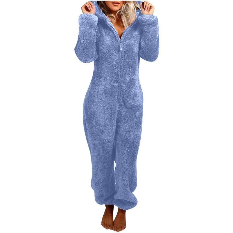 Women's Plus Size Fluffy Velvet Jumpsuit - Warm Hooded Tracksuit with Zipper