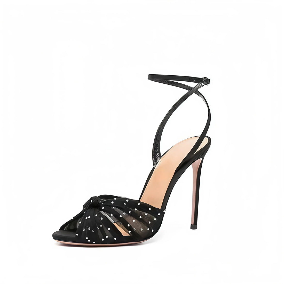 Women's Summer Mesh Lace Rhinestone Stiletto Sandals – Open Toe Round Head High Heels for Party, Wedding, and Evening Dress