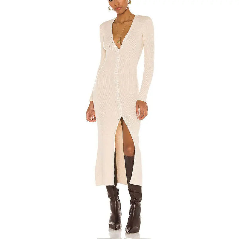 Spring Sexy V-Neck Long Sleeve Knitted Wrap Dress - Slim Fit Single Breasted Solid Color Party Maxi Dress