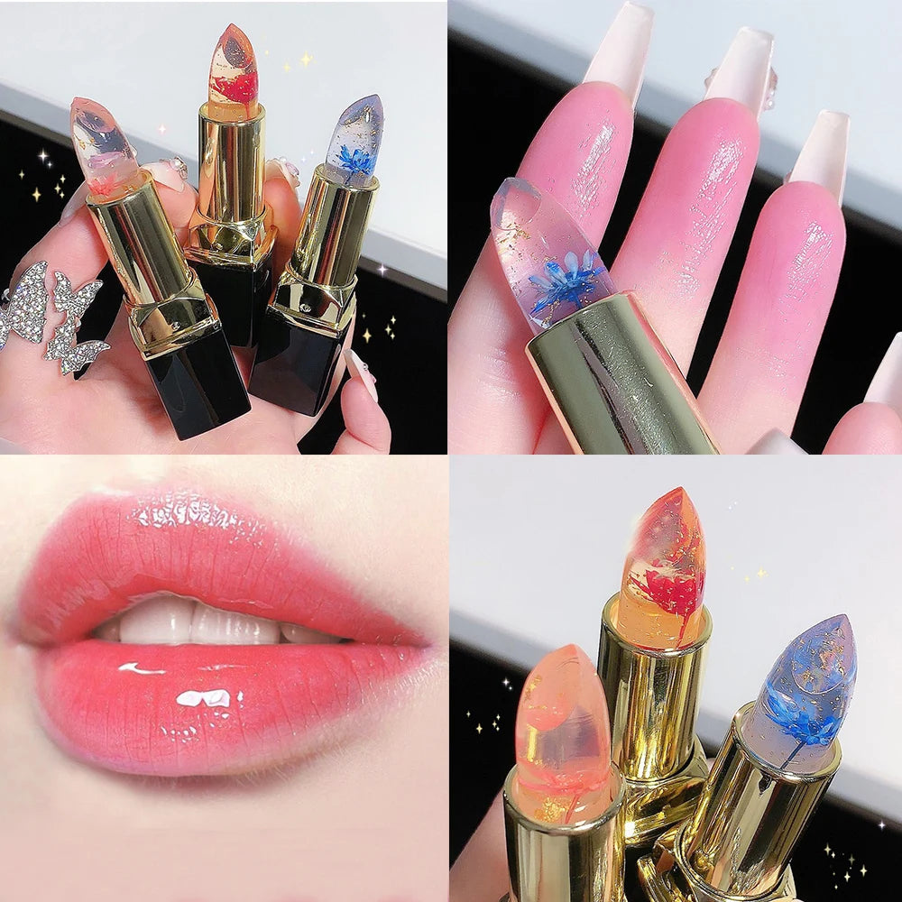 Color Changing Long-Lasting Lip Primer -Lipstick  with Gold Foil Flower - Lip Primer Jelly Lip Balm for Moisturizing, Natural, Waterproof Makeup Lip Gloss.