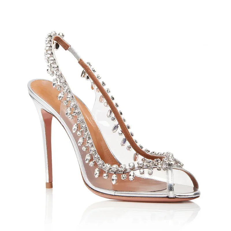 New Summer Women's Transparent High-Heeled Sandals – Peep Toe Stiletto Heels with Rhinestone Chain, Open Back Elegant Party Shoes