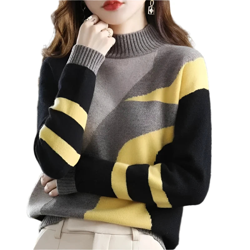 Women's Vintage Turtleneck Sweater - Geometric Knit Pullover, Loose Fit Y2K Long Sleeve Casual Jumper for Autumn Winter Fashion