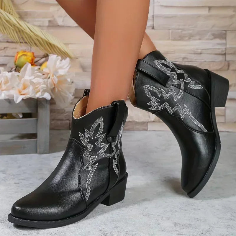 Women's Retro Embroidered Western Cowboy Boots - PU Leather, Pointed Toe, Thick Heels, Mid-Calf Boots for Autumn/Winter 2024