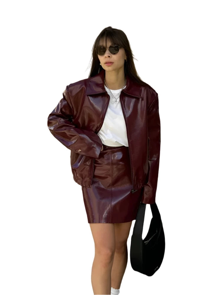 Chic Wine Red Leather Jacket & Mini Skirt Set for Women – Elegant Lapel Zipper Outerwear with Hip-Wrap Design, 2-Piece Outfit