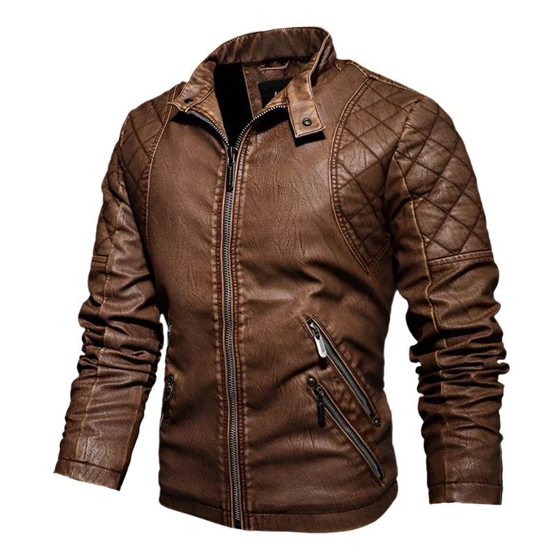 Men's Slim Fit PU Leather Motorcycle Jacket - Fleece-Lined Autumn & Spring Casual Biker Coat