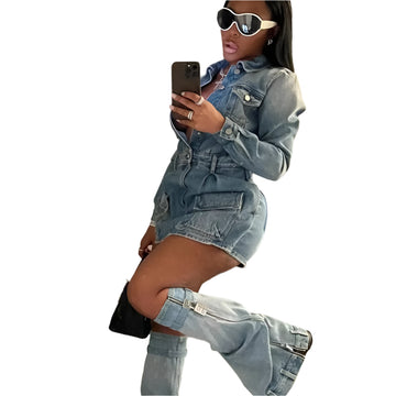 Fashion Button-Up Denim Mini Dress for Women – Long Sleeve Turndown Collar with Pockets and Leg Cover Casual Cowboy Style Dresses