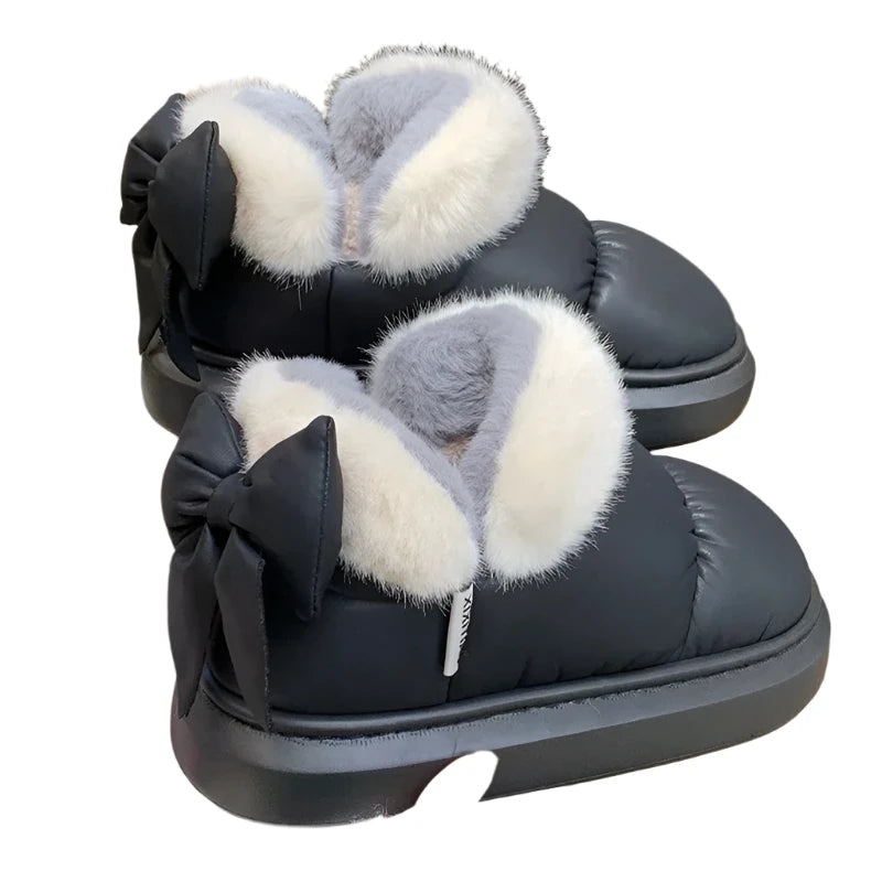 Women's Waterproof Snow Boots – Warm Thick Ankle Boots with Furry Bow, Anti-Slip Comfort for Outdoor Wear