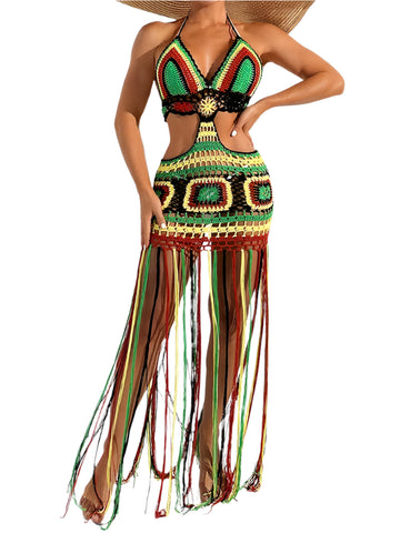 Women's Summer Crochet Bikini Cover Up Dress – Multicolor Knit Halter Deep V Neck Beachwear with Long Tassels & Backless Design