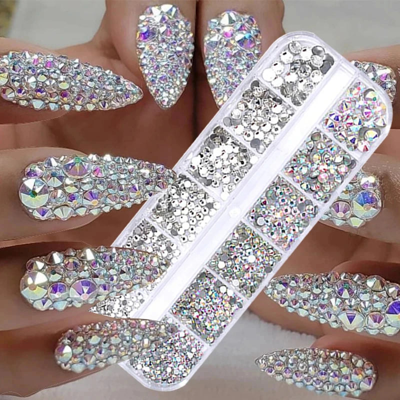 Nail Art Rhinestone: 6/12 Grids Box Nail Beads AB Crystal Flatback Pearl Jewelry Gems with Storage Organizer for Nail Decorations