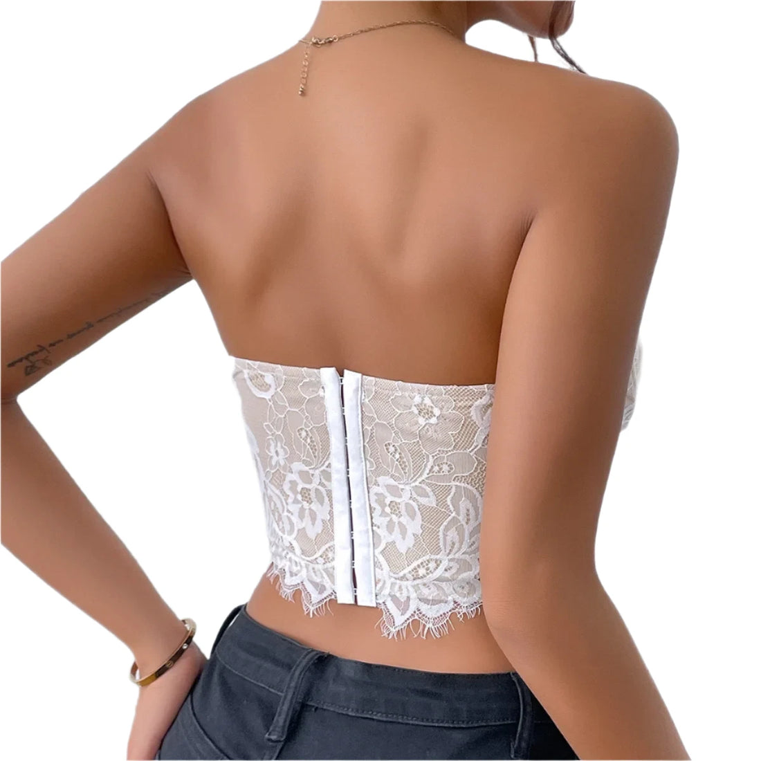 White Lace Corset Crop Top - Summer Strapless Push-Up Bustier with Buckle - Slim Fit Sexy Lingerie Camisole for Women