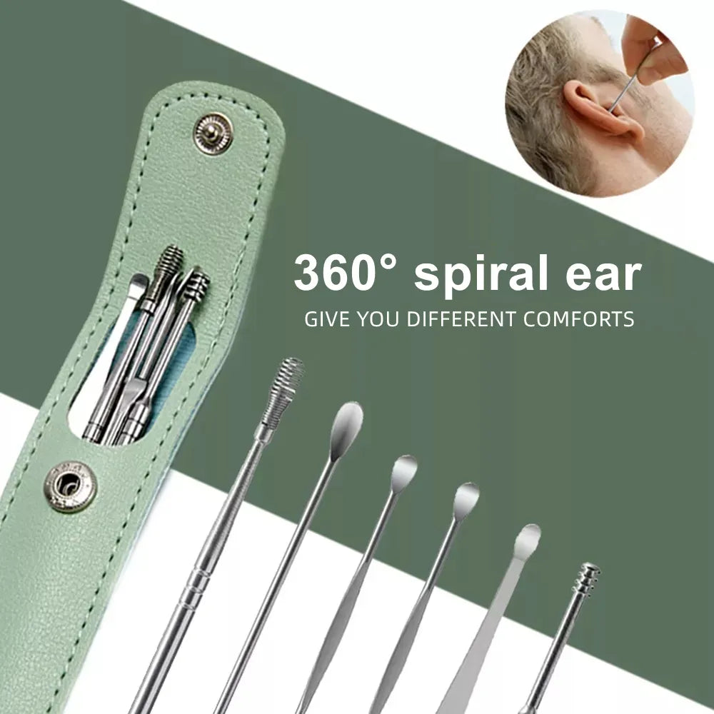 6Pcs/set Ear Cleaner Ear Wax Pickers - Stainless Steel Earpick, Wax Remover, Piercing Kit, Earwax Curette Spoon. Care for Your Ears with these Ear Clean Tools.