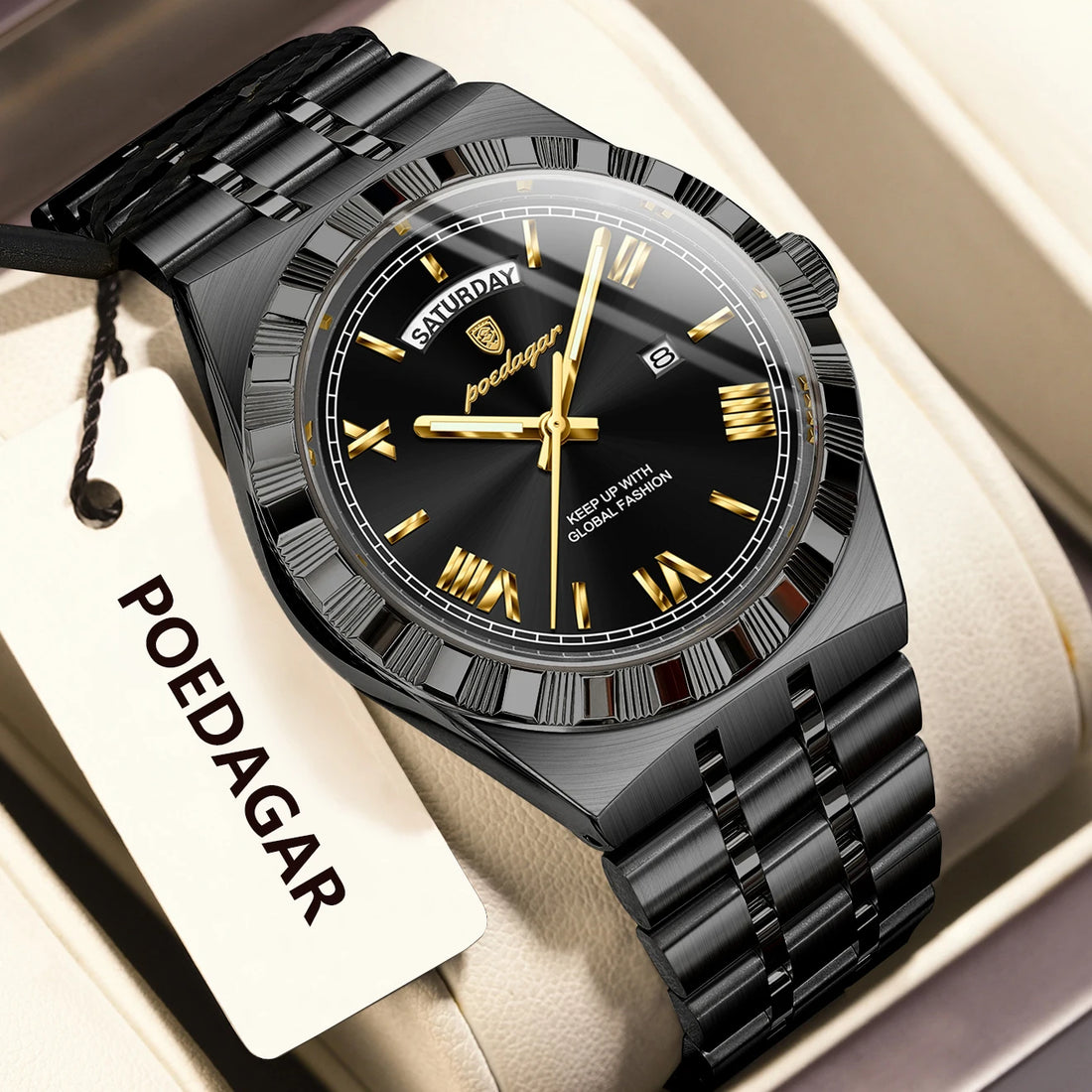 POEDAGAR Men’s Quartz Watch – Stainless Steel, Luminous, Waterproof, Week & Date Display, Business Wristwatch