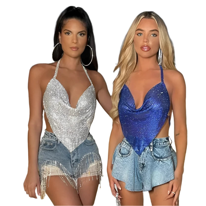 Women's Rhinestone Halter Crop Top - Sexy Backless V-Neck Y2K Clubwear, Festival Party Camis