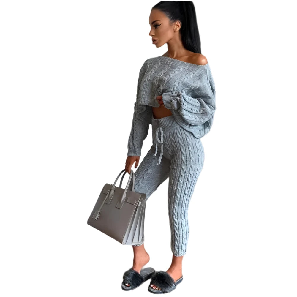 Women's Autumn Winter Two-Piece Set - O-Neck Pullover Sweater & Woolen Trousers Casual Knitted Pants Suit