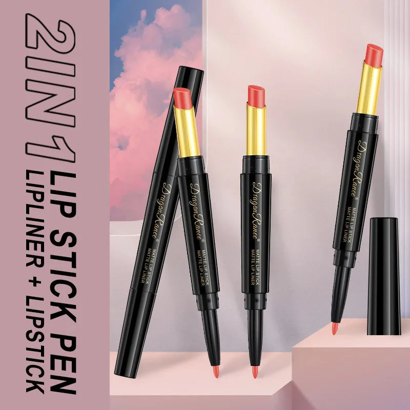 Double Head Matte Lipstick Pen and Lip Liner - Moisturizing Red Matte Waterproof Lip Stick. Cosmetics Makeup.