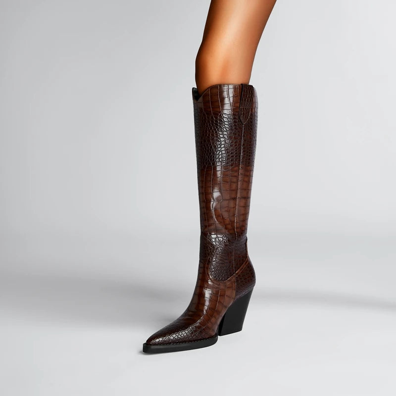 Oversized Women's Pointed Thick Heeled Western Long Boots