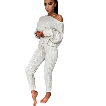 Women's Autumn Winter Two-Piece Set - O-Neck Pullover Sweater & Woolen Trousers Casual Knitted Pants Suit