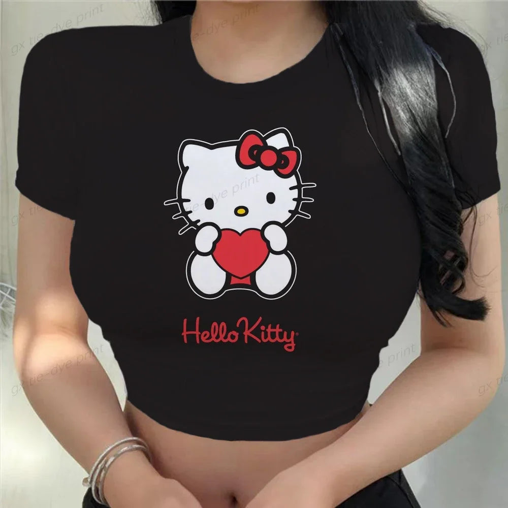 Korean Style Women's Fashion T-Shirt - Printed Short Sleeve Crop Top with Hello Kitty Design