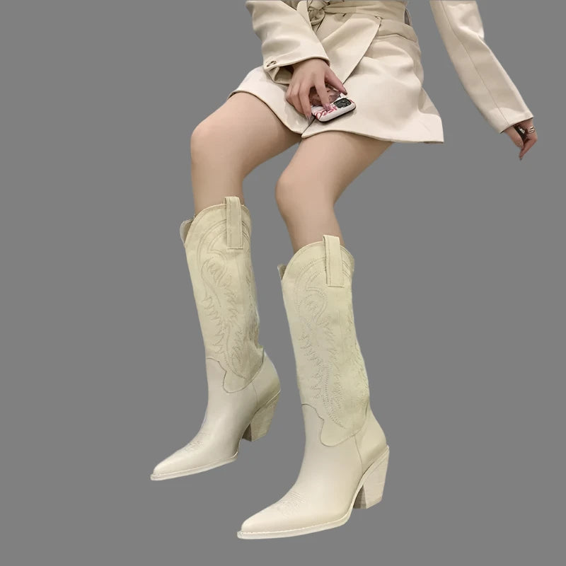 Women's Retro White Cowboy Boots - Pointed Toe, Knee-High Knight Boots with Thick Heels