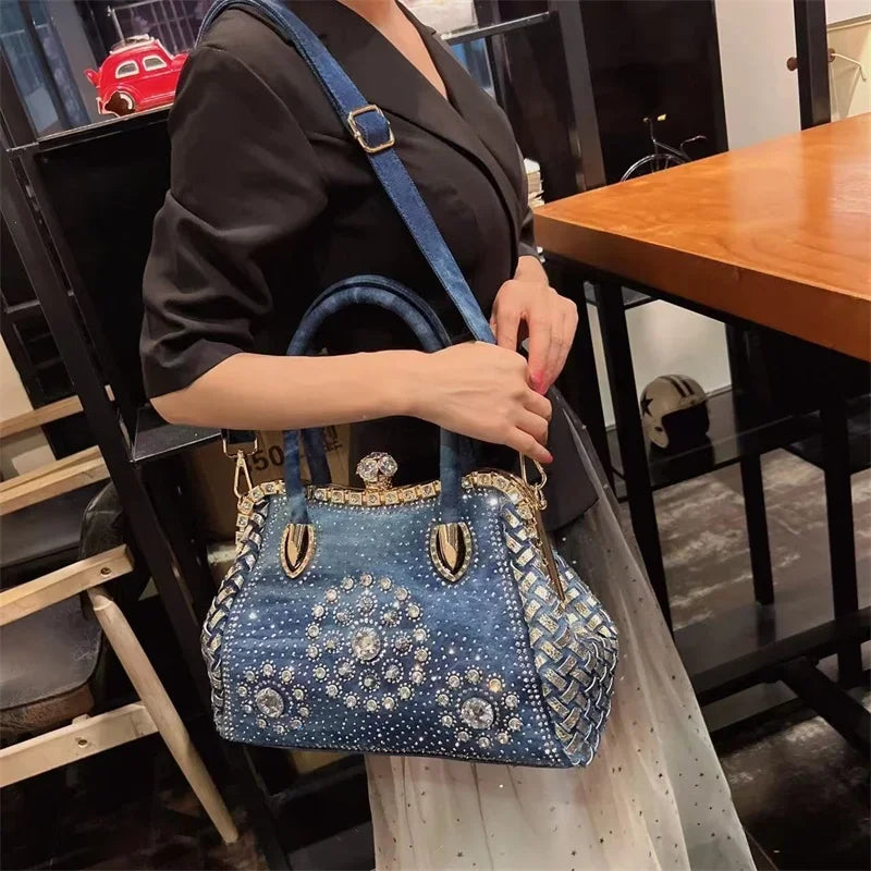 Large Capacity Handheld New Fashion Commuter Denim Inlaid Diamond Versatile One Shoulder Crossbody Women's Bag