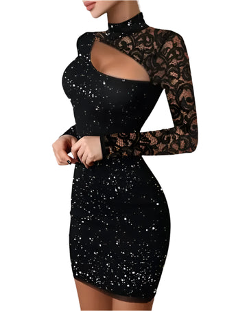 Elegant Glitter Lace Cutout Bodycon Mini Dress for Women – Sexy Long Sleeve Party & Wedding Guest Evening Dress