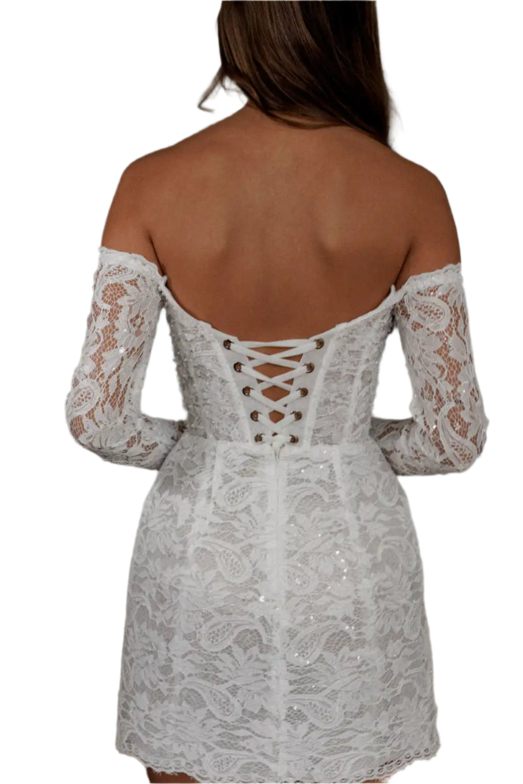 White Mini Party Dress with Heart Shaped Neckline, Lace Appliqué, Off-Shoulder Sleeves – Elegant Wedding, Prom, and Evening Dress
