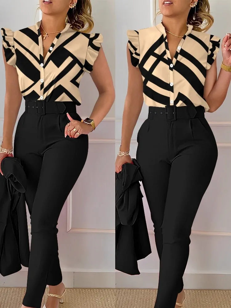 Women's Elegant 2-Piece Set - Slim Fit V-Neck Blouse & Belted Pants with Flying Sleeves