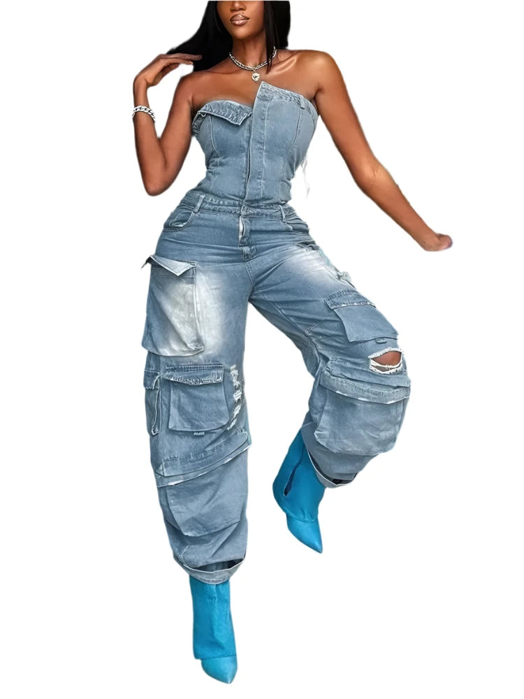 Women's Strapless Denim Jumpsuit - High Waist Casual Patchwork Overalls with Pockets, Sleeveless Solid Design